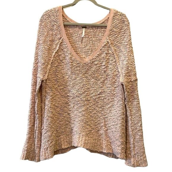 Free People Pink Oversized Sweater Textured Knit Top Long Sleeve V Neck Small - Picture 1 of 10
